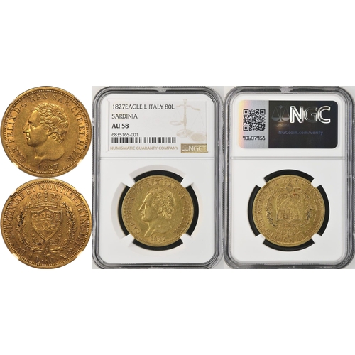 207 - ITALY. SARDINIA. Gold 80 lire (80), 1827 L. Carlo Felice. In secure plastic holder, graded NGC AU 58... 