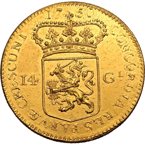 208 - NETHERLANDS. DUTCH REPUBLIC. Gold 14 gulden, 1750. Coat of arms of the Dutch Republic; CONCORDIA &bu... 