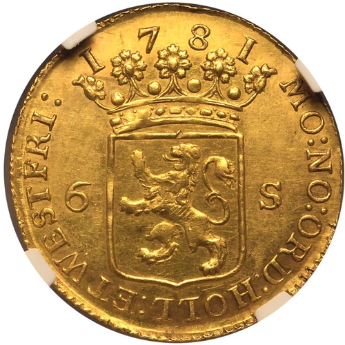 209 - NETHERLANDS. DUTCH REPUBLIC. Gold 6 stuivers, 1781. Scheepjesschelling. A gold issue of the so calle... 