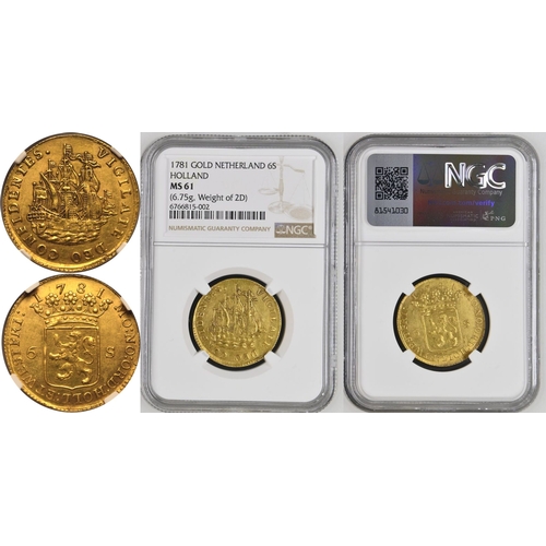 209 - NETHERLANDS. DUTCH REPUBLIC. Gold 6 stuivers, 1781. Scheepjesschelling. A gold issue of the so calle... 