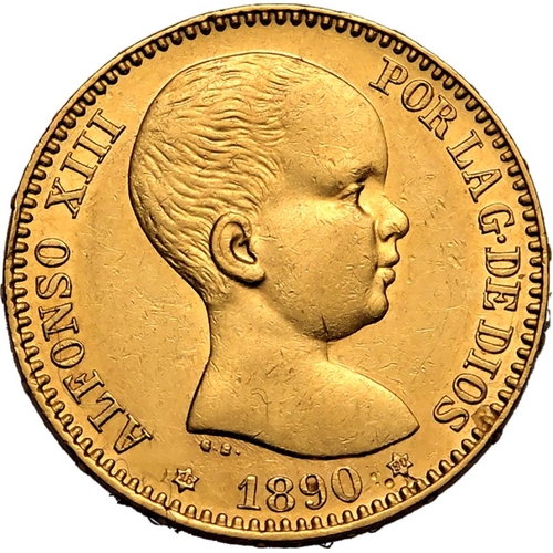 212 - SPAIN. Alfonso XIII, 1886-1931. Gold 20 Pesetas, 1890 MPM. Royal Mint of Spain. First bust of Alfons... 