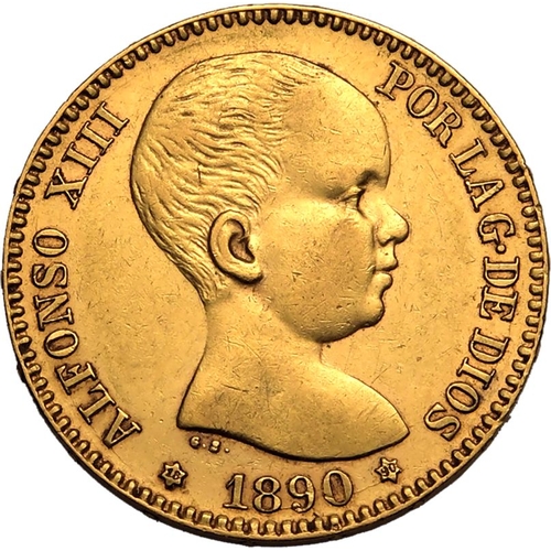 213 - SPAIN. Alfonso XIII, 1886-1931. Gold 20 Pesetas, 1890 MPM. Royal Mint of Spain. First bust of Alfons... 