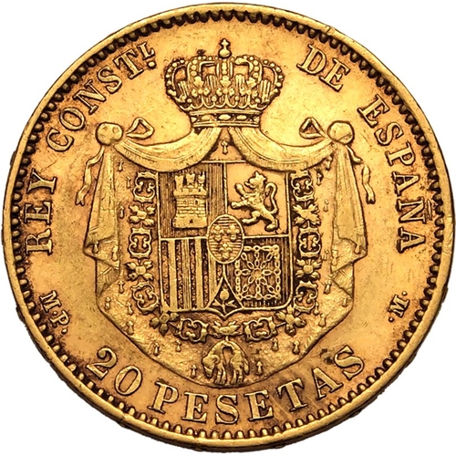 213 - SPAIN. Alfonso XIII, 1886-1931. Gold 20 Pesetas, 1890 MPM. Royal Mint of Spain. First bust of Alfons... 