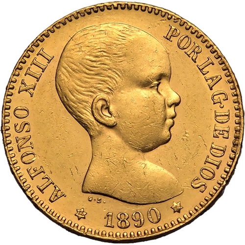 214 - SPAIN. Alfonso XIII, 1886-1931. Gold 20 Pesetas, 1890 MPM. Royal Mint of Spain. First bust of Alfons... 