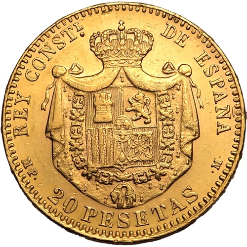 214 - SPAIN. Alfonso XIII, 1886-1931. Gold 20 Pesetas, 1890 MPM. Royal Mint of Spain. First bust of Alfons... 