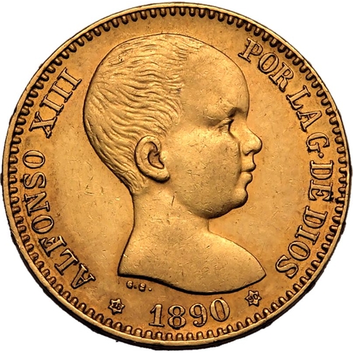 215 - SPAIN. Alfonso XIII, 1886-1931. Gold 20 Pesetas, 1890 MPM. Royal Mint of Spain. First bust of Alfons... 