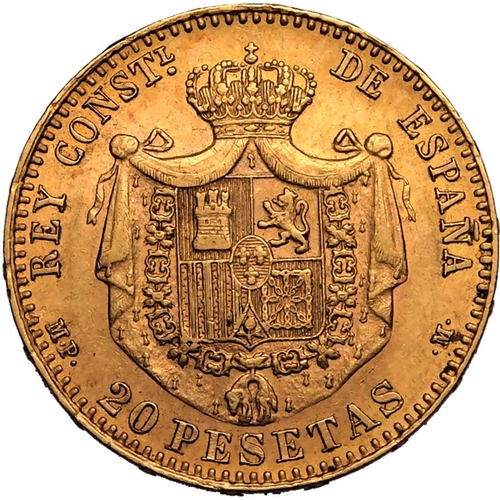 215 - SPAIN. Alfonso XIII, 1886-1931. Gold 20 Pesetas, 1890 MPM. Royal Mint of Spain. First bust of Alfons... 