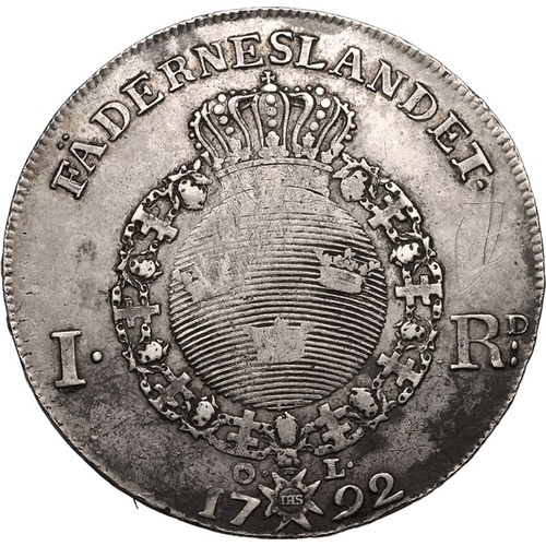 219 - SWEDEN. Gustav III, 1771-92. Silver Riksdaler, 1792 OL. Stockholm. Obv.: GUSTAVUS III·D·G&... 