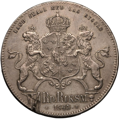 223 - SWEDEN. Karl XV, 1859-72. Silver 4 Riksdaler Riksmynt, 1865 ST. Stockholm. Head of Carl XV facing ri... 