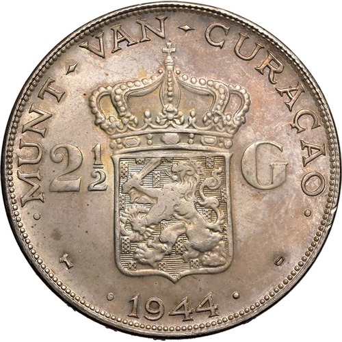 225 - CURACAO. Wilhelmina, 1890-1948. Silver 2 1/2 Gulden, 1944 D. Denver. Scarce issue from Dutch Carribe... 