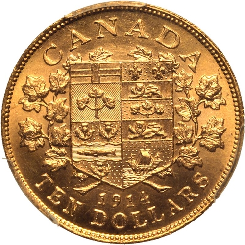 228 - CANADA. George V, 1910-36. Gold 10 Dollars, 1914. Ottawa. Crowned and mantled bust of George V facin... 