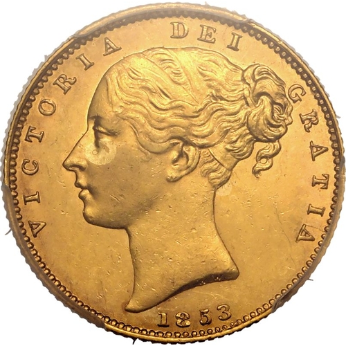 32 - UNITED KINGDOM. Victoria, 1837-1901. Gold Sovereign, 1853. London. WW incuse. The WW incuse type on ... 