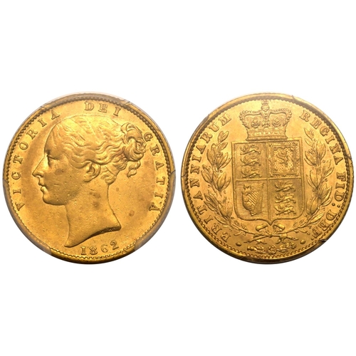 36 - UNITED KINGDOM. Victoria, 1837-1901. Gold Sovereign, 1862. London. F over inverted A. Second young h... 