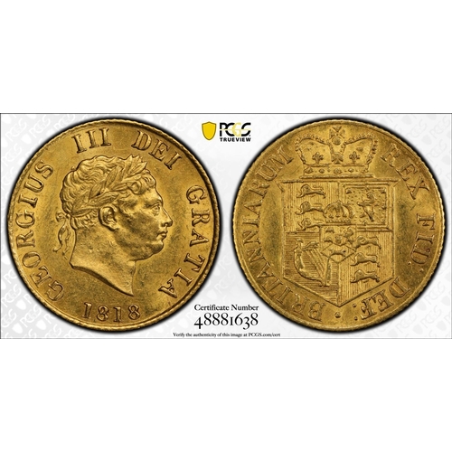 47 - UNITED KINGDOM. George III, 1760-1820. Gold Half-Sovereign, 1818. London. Laureate head right; date ... 