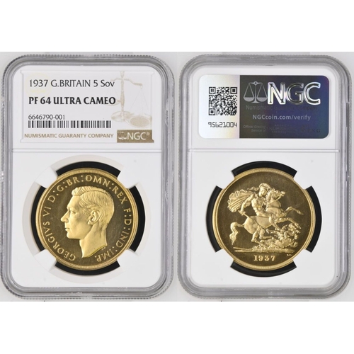 5A - UNITED KINGDOM. George VI, 1936-52. Gold 5 Pounds (5 Sovereigns), 1937. Royal Mint. Proof. Struck to... 