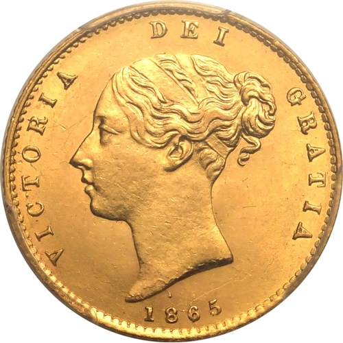 54 - UNITED KINGDOM. Victoria, 1837-1901. Gold Half-Sovereign, 1865. London. Second young head of Victori... 