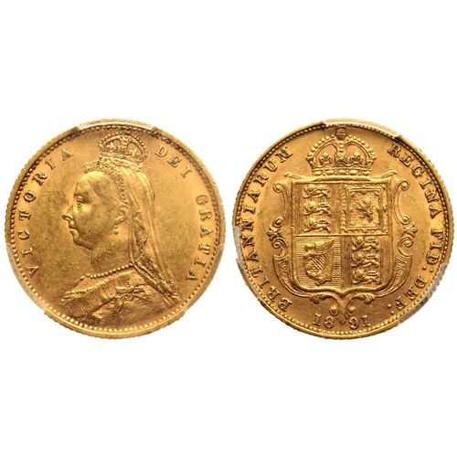 59 - UNITED KINGDOM. Victoria, 1837-1901. Gold Half-Sovereign, 1891. London. No JEB High shield DISH Unre... 