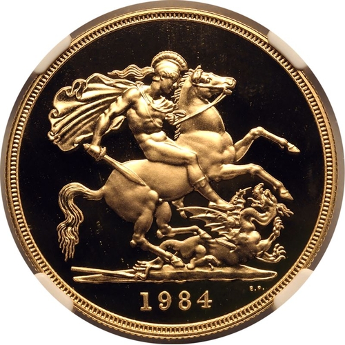 78 - UNITED KINGDOM. Elizabeth II, 1952-2022. Gold 5 pounds (5 sovereigns), 1984. Royal Mint. Proof. Seco... 