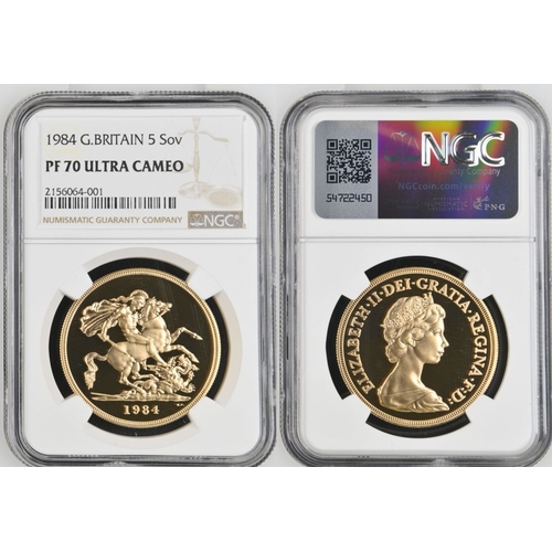78 - UNITED KINGDOM. Elizabeth II, 1952-2022. Gold 5 pounds (5 sovereigns), 1984. Royal Mint. Proof. Seco... 