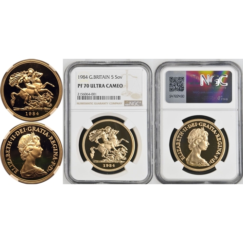 78 - UNITED KINGDOM. Elizabeth II, 1952-2022. Gold 5 pounds (5 sovereigns), 1984. Royal Mint. Proof. Seco... 