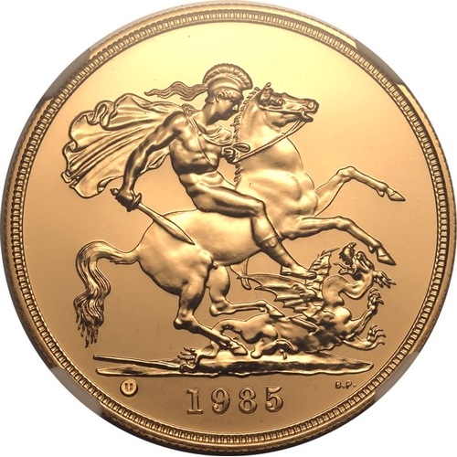 79 - UNITED KINGDOM. Elizabeth II, 1952-2022. Gold 5 pounds (5 sovereigns), 1985. Royal Mint. Third crown... 