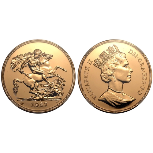 80 - UNITED KINGDOM. Elizabeth II, 1952-2022. Gold 5 pounds (5 sovereigns), 1987. Royal Mint. Third crown... 