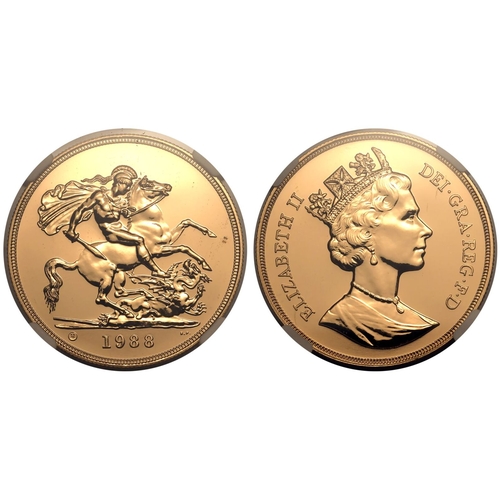 81 - UNITED KINGDOM. Elizabeth II, 1952-2022. Gold 5 pounds (5 sovereigns), 1988. Royal Mint. Third crown... 