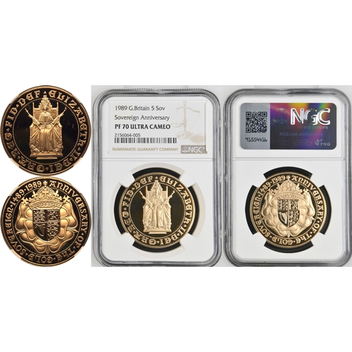 82 - UNITED KINGDOM. Elizabeth II, 1952-2022. Gold 5 pounds (5 sovereigns), 1989. Royal Mint. Proof. Comm... 