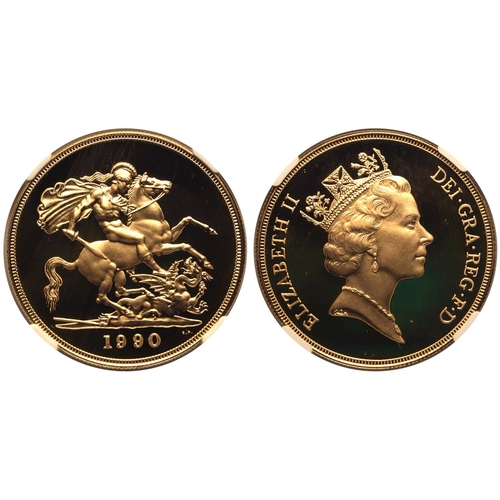 83 - UNITED KINGDOM. Elizabeth II, 1952-2022. Gold 5 pounds (5 sovereigns), 1990. Royal Mint. Proof. Thir... 