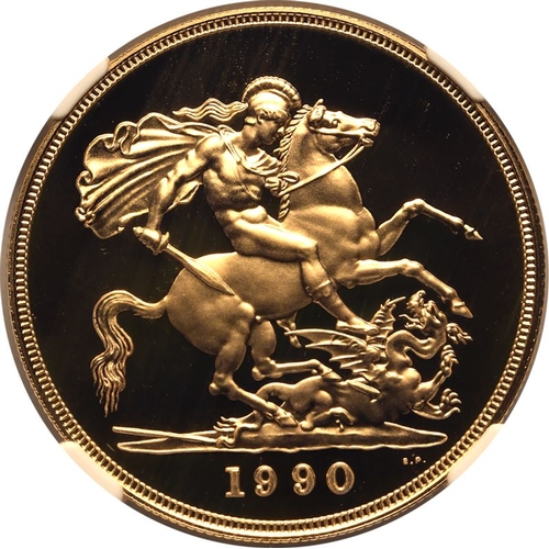 83 - UNITED KINGDOM. Elizabeth II, 1952-2022. Gold 5 pounds (5 sovereigns), 1990. Royal Mint. Proof. Thir... 