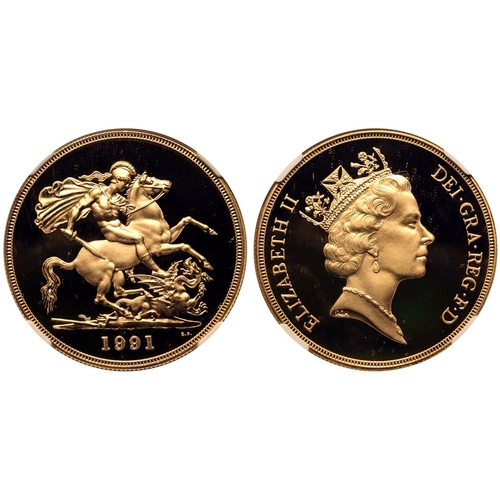 84 - UNITED KINGDOM. Elizabeth II, 1952-2022. Gold 5 Pounds (5 Sovereigns), 1991. Royal Mint. Proof. Thir... 