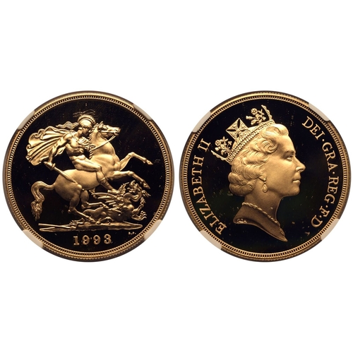 85 - UNITED KINGDOM. Elizabeth II, 1952-2022. Gold 5 Pounds (5 Sovereigns), 1993. Royal Mint. Proof. Thir... 