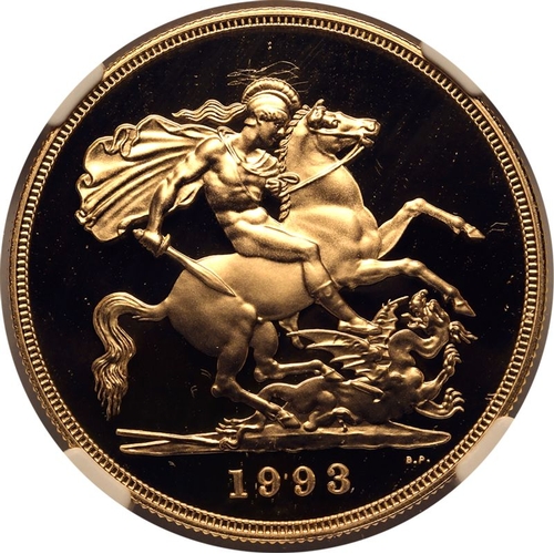 85 - UNITED KINGDOM. Elizabeth II, 1952-2022. Gold 5 Pounds (5 Sovereigns), 1993. Royal Mint. Proof. Thir... 