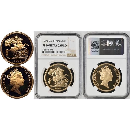 85 - UNITED KINGDOM. Elizabeth II, 1952-2022. Gold 5 Pounds (5 Sovereigns), 1993. Royal Mint. Proof. Thir... 