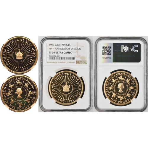 86 - UNITED KINGDOM. Elizabeth II, 1952-2022. Gold 5 pounds (crown), 1993. Royal Mint. Proof. Celebrating... 