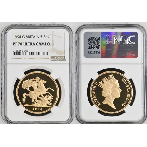 87 - UNITED KINGDOM. Elizabeth II, 1952-2022. Gold 5 Pounds (5 Sovereigns), 1994. Royal Mint. Proof. Thir... 