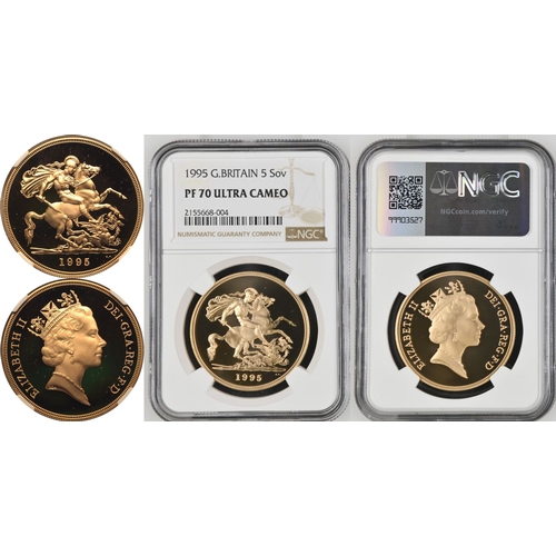 88 - UNITED KINGDOM. Elizabeth II, 1952-2022. Gold 5 Pounds (5 Sovereigns), 1995. Royal Mint. Proof. Thir... 