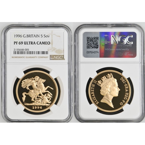 90 - UNITED KINGDOM. Elizabeth II, 1952-2022. Gold 5 Pounds (5 Sovereigns), 1996. Royal Mint. Proof. Thir... 