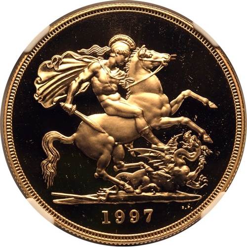 91 - UNITED KINGDOM. Elizabeth II, 1952-2022. Gold 5 Pounds (5 Sovereigns), 1997. Royal Mint. Proof. Thir... 