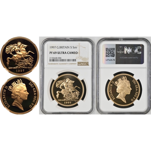 91 - UNITED KINGDOM. Elizabeth II, 1952-2022. Gold 5 Pounds (5 Sovereigns), 1997. Royal Mint. Proof. Thir... 