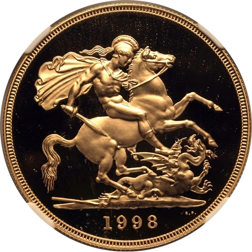 92 - UNITED KINGDOM. Elizabeth II, 1952-2022. Gold 5 Pounds (5 Sovereigns), 1998. Royal Mint. Fourth crow... 