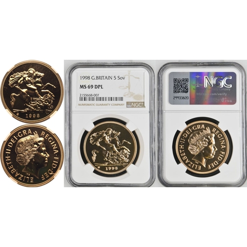 93 - UNITED KINGDOM. Elizabeth II, 1952-2022. Gold 5 Pounds (5 Sovereigns), 1998. Royal Mint. Proof. Four... 