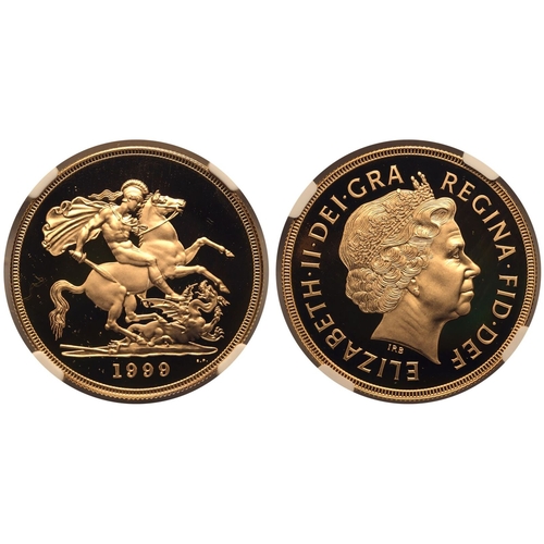 94 - UNITED KINGDOM. Elizabeth II, 1952-2022. Gold 5 Pounds (5 Sovereigns), 1999. Royal Mint. Proof. Four... 