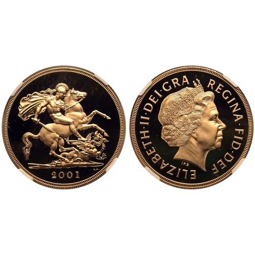 95 - UNITED KINGDOM. Elizabeth II, 1952-2022. Gold 5 Pounds (5 Sovereigns), 2001. Royal Mint. Proof. Four... 