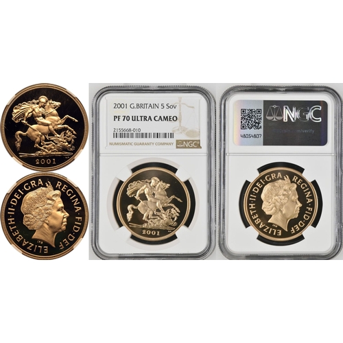 95 - UNITED KINGDOM. Elizabeth II, 1952-2022. Gold 5 Pounds (5 Sovereigns), 2001. Royal Mint. Proof. Four... 