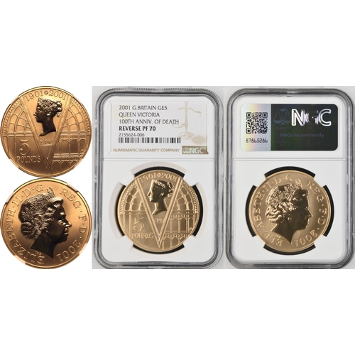 96 - UNITED KINGDOM. Elizabeth II, 1952-2022. Gold 5 pounds (crown), 2001. Royal Mint. Reverse Frosting M... 