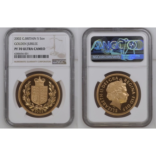 98 - UNITED KINGDOM. Elizabeth II, 1952-2022. Gold 5 pounds (5 sovereigns), 2002. Royal Mint. Proof. Comm... 