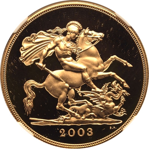 99 - UNITED KINGDOM. Elizabeth II, 1952-2022. Gold 5 Pounds (5 Sovereigns), 2003. Royal Mint. Proof. Four... 