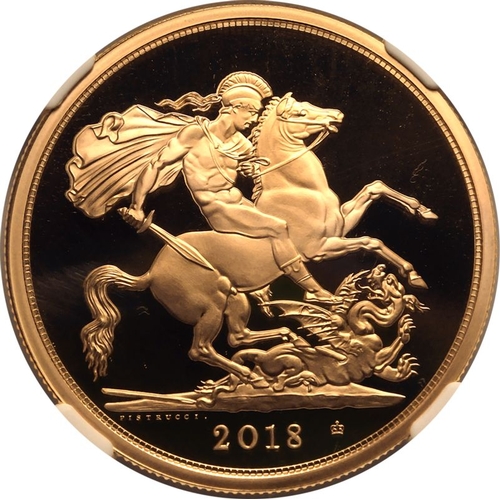 12 - UNITED KINGDOM. Elizabeth II, 1952-2022. Gold 5 Pounds (5 Sovereigns), 2018. Royal Mint. Proof. Cele... 