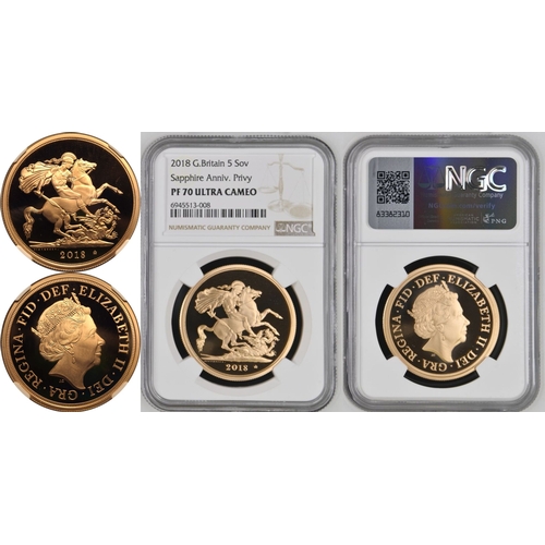 12 - UNITED KINGDOM. Elizabeth II, 1952-2022. Gold 5 Pounds (5 Sovereigns), 2018. Royal Mint. Proof. Cele... 